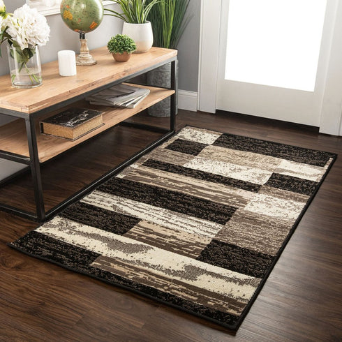 12' Black Brown And Beige Patchwork Runner Rug